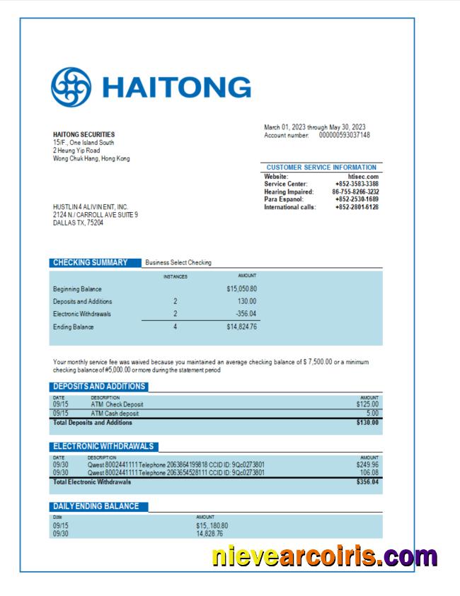 Haitong Securities business bank statement